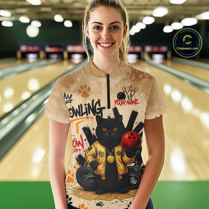 Custom Black Cat Bowling Jersey for Women Funny Cat Bowling League Bowling Team Shirts HN290