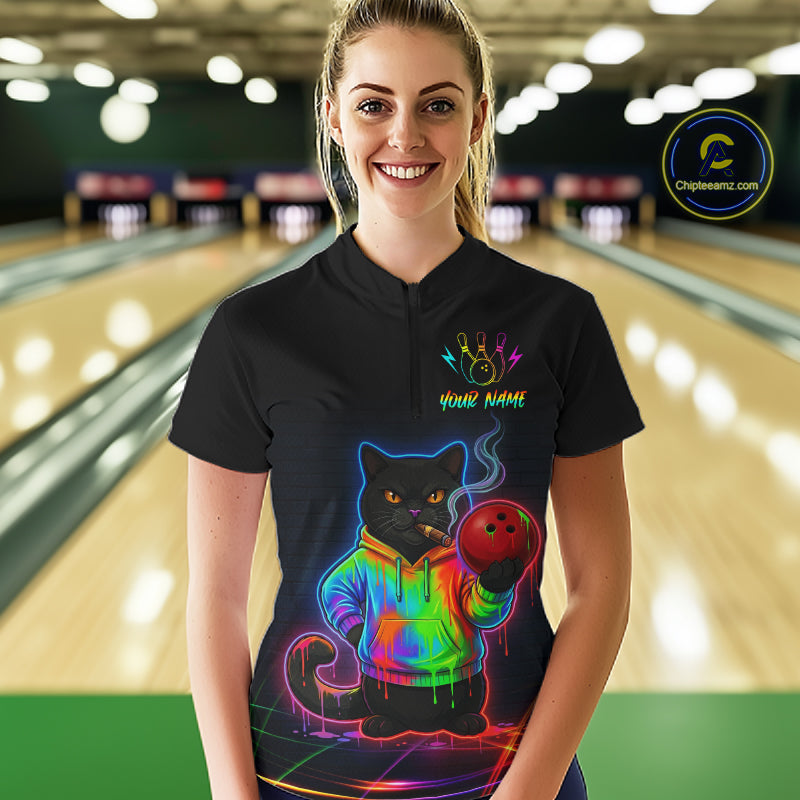 Custom Neon Black Cat Bowling Jersey for Women Funny Bowling League Bowling Team Shirts HN291