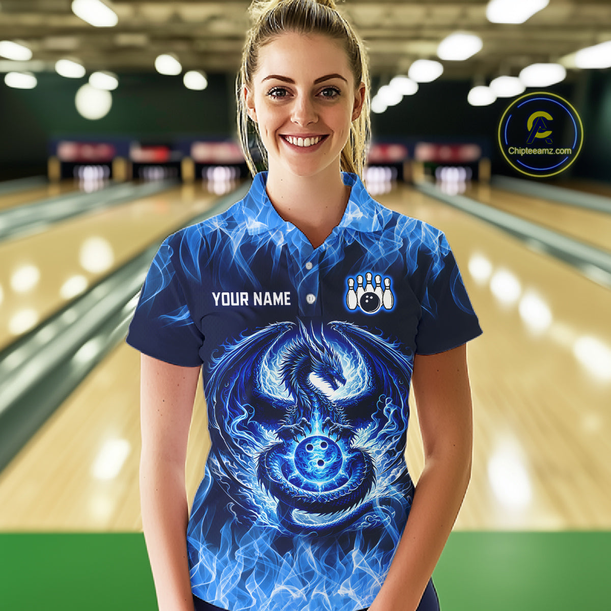 Custom Blue Dragon Flame Bowling Jersey for Women Bowling Team Shirts Bowling Polo & 1/4 Zip HNT189