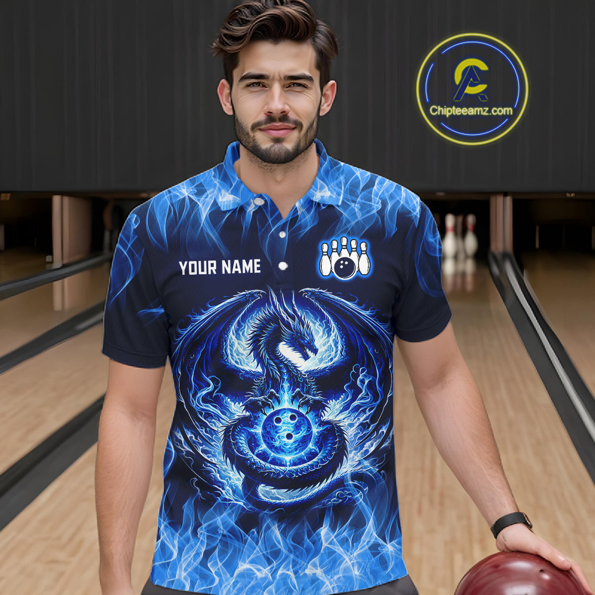 Custom Blue Dragon Flame Bowling Jersey for Men Bowling Team Shirts Bowling Polo & 1/4 Zip HNT189