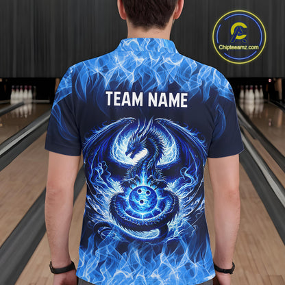 Custom Blue Dragon Flame Bowling Jersey for Men Bowling Team Shirts Bowling Polo & 1/4 Zip HNT189