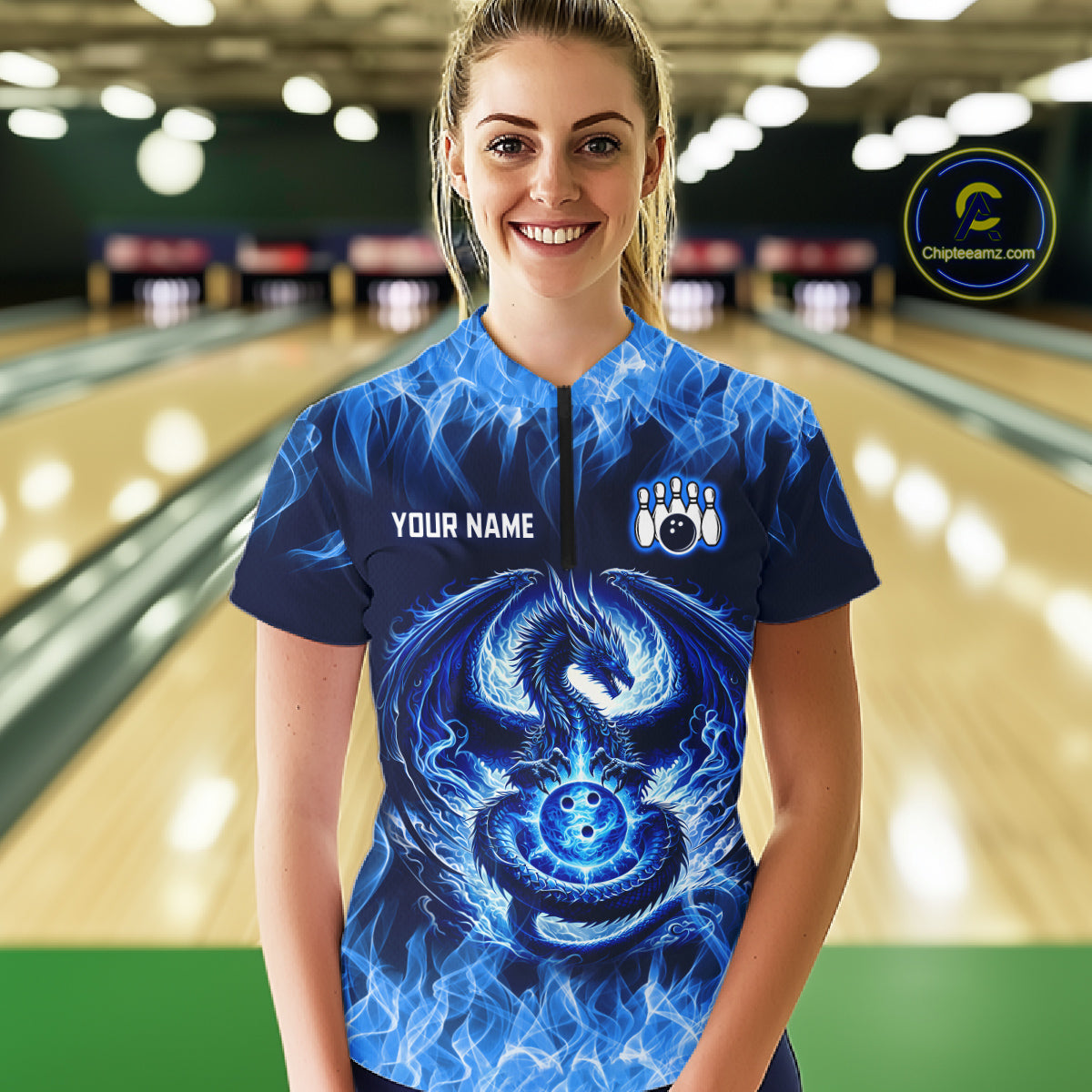 Custom Blue Dragon Flame Bowling Jersey for Women Bowling Team Shirts Bowling Polo & 1/4 Zip HNT189