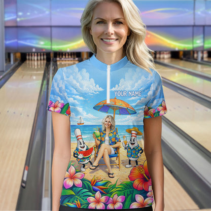 Custom Photo Funny Summer Bowling Jersey for Women Bowling Team Shirts Polo & 1/4 Zip HNT258