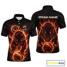 Load image into Gallery viewer, Black polo shirt with fiery panther design on front and back, featuring 'Team Name' text.