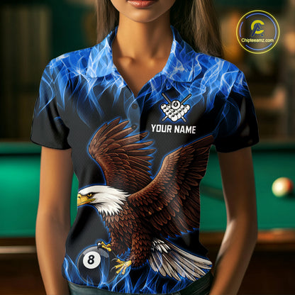 Custom Blue Flame Eagle 8 Ball Billiard Shirts for Women Billiard League Billiard Team Shirts NNT107