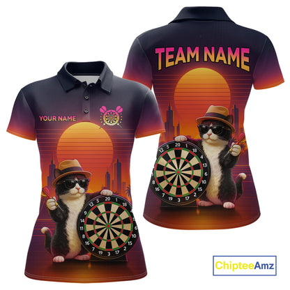 Funny Cat Retro Dart Shirts For Women Custom Dart Board Shirts Polo & 1/4 Zip Dart Jersey Team NNT124