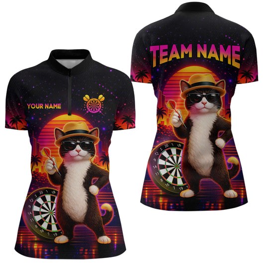 Custom Funny Cat Dart Shirts For Women Retro Dart Board Shirts Polo & 1/4 Zip Dart Jersey Team NNT123