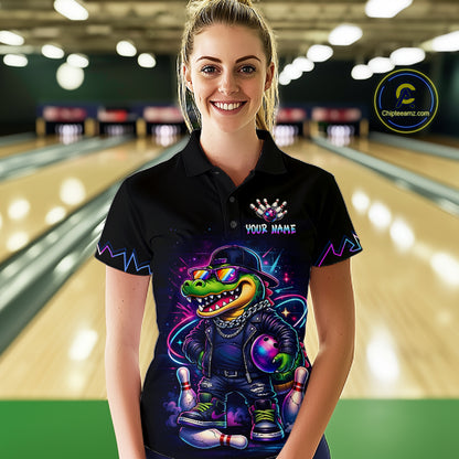 Funny Neon Alligator Custom Bowling Jersey for Women Bowling League Bowling Team Shirts HN295