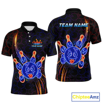 Front and back views of a black bowling polo shirt with neon blue and orange cartoon bowling ball and pin graphics, plus custom “TEAM NAME” and “YOUR NAME” text.