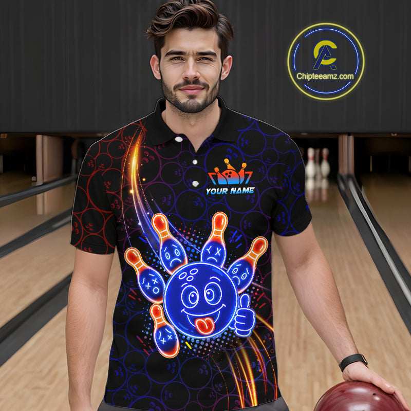 Man wearing a polo with neon blue and orange cartoon bowling ball and pin graphics, plus custom player name text.