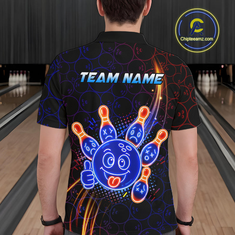 Man wearing a polo with neon blue and orange cartoon bowling ball and pin graphics, plus custom team name text.