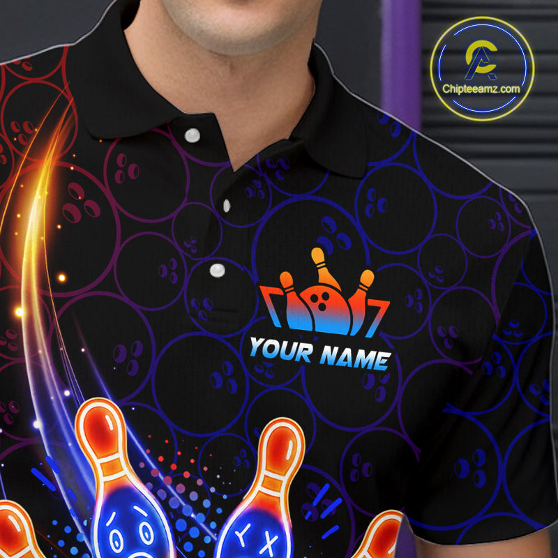 Black polo shirt with colorful bowling design and 'Your Name' text on a dark background