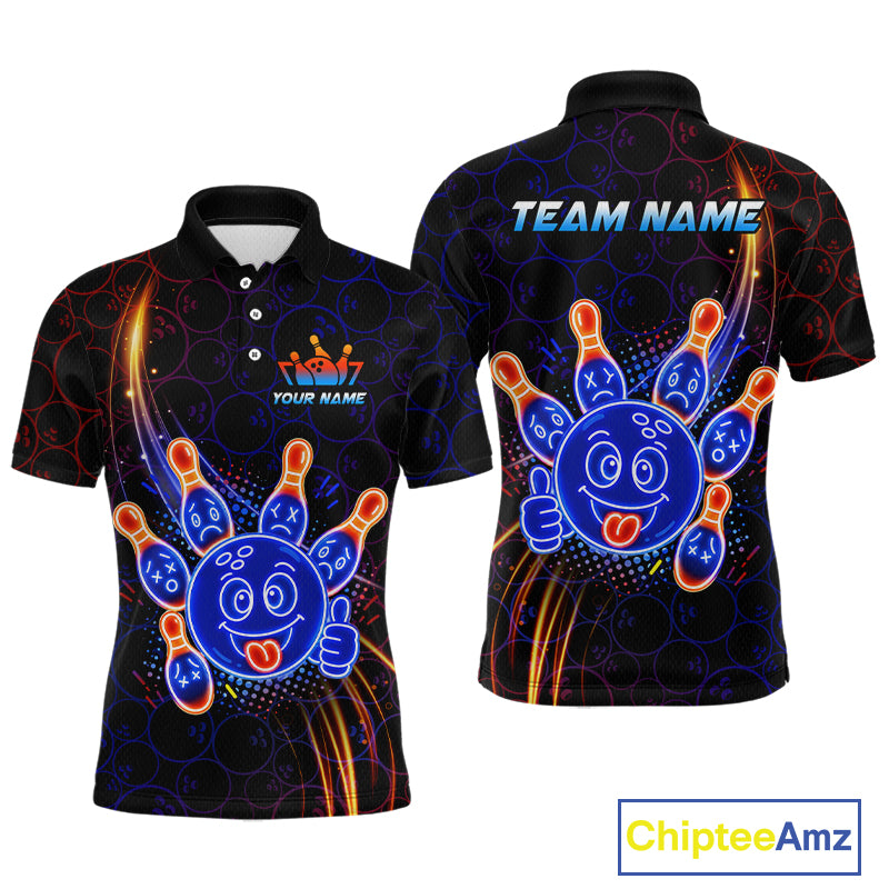 Front and back views of a black bowling polo shirt with neon blue and orange cartoon bowling ball and pin graphics, plus custom team name and player name text.