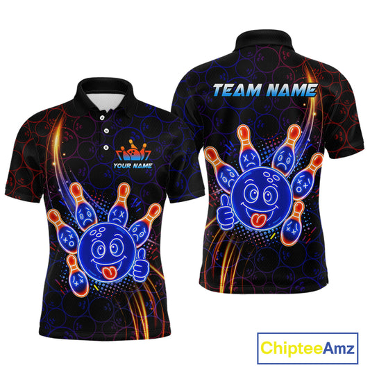 Front and back views of a black bowling polo shirt with neon blue and orange cartoon bowling ball and pin graphics, plus custom team name and player name text.