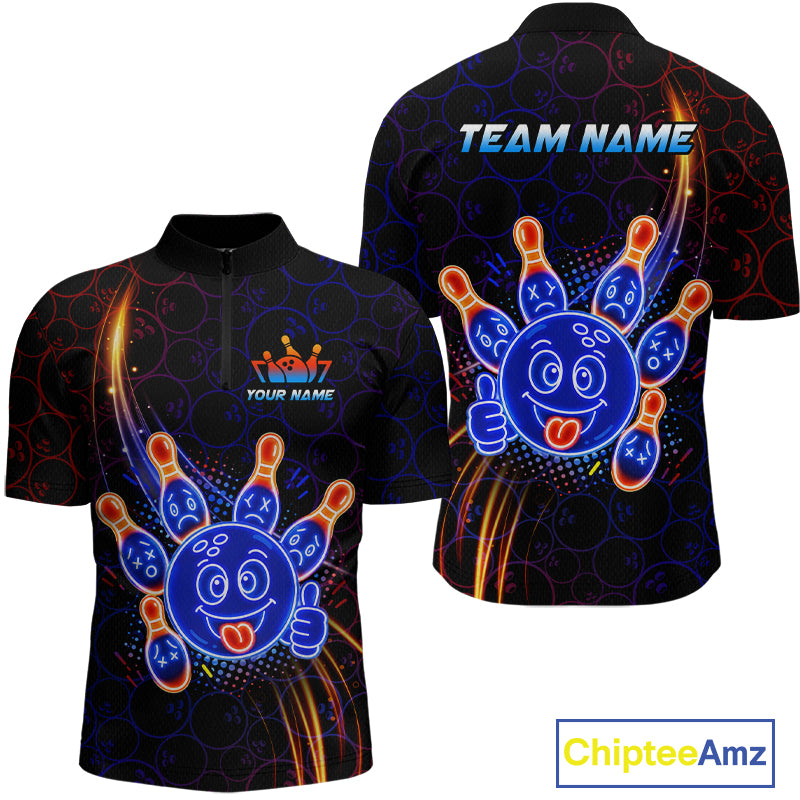 Front and back views of a black bowling quarter zip shirt with neon blue and orange cartoon bowling ball and pin graphics, plus custom “TEAM NAME” and “YOUR NAME” text.