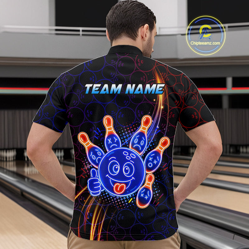 Man wearing a quarter zip with neon blue and orange cartoon bowling ball and pin graphics, plus custom team name text.