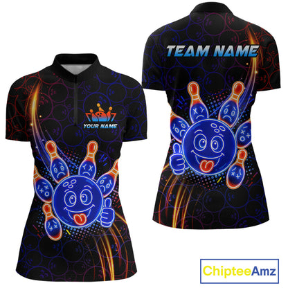 Front and back views of a black bowling quarter zip shirt with neon blue and orange cartoon bowling ball and pin graphics, plus custom team name and player name text.