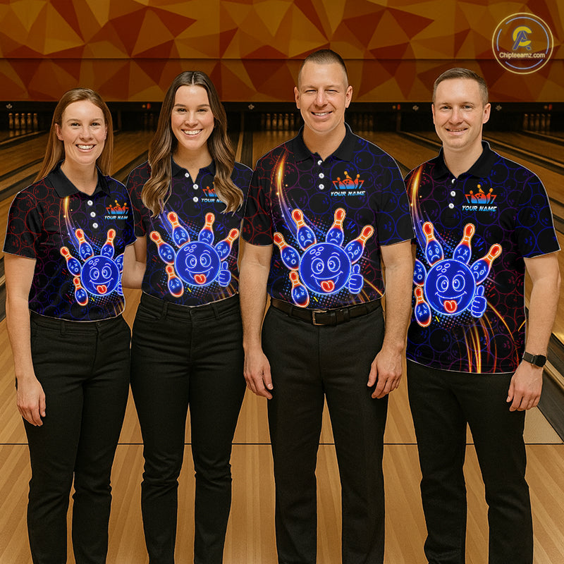 Four people wearing matching bowling-themed shirts in a bowling alley.