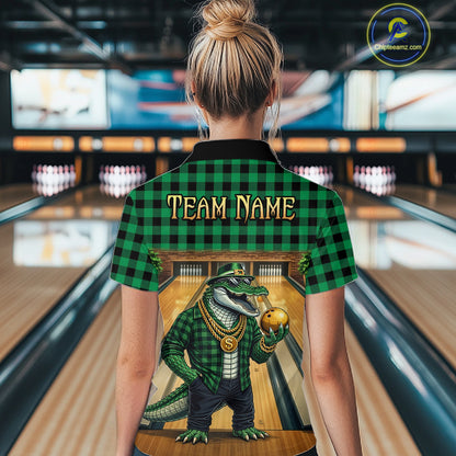Custom Green Alligator Bowling Jersey for Women Bowling Uniform Polo & 1/4 Zip Bowling Team Shirts HNT230