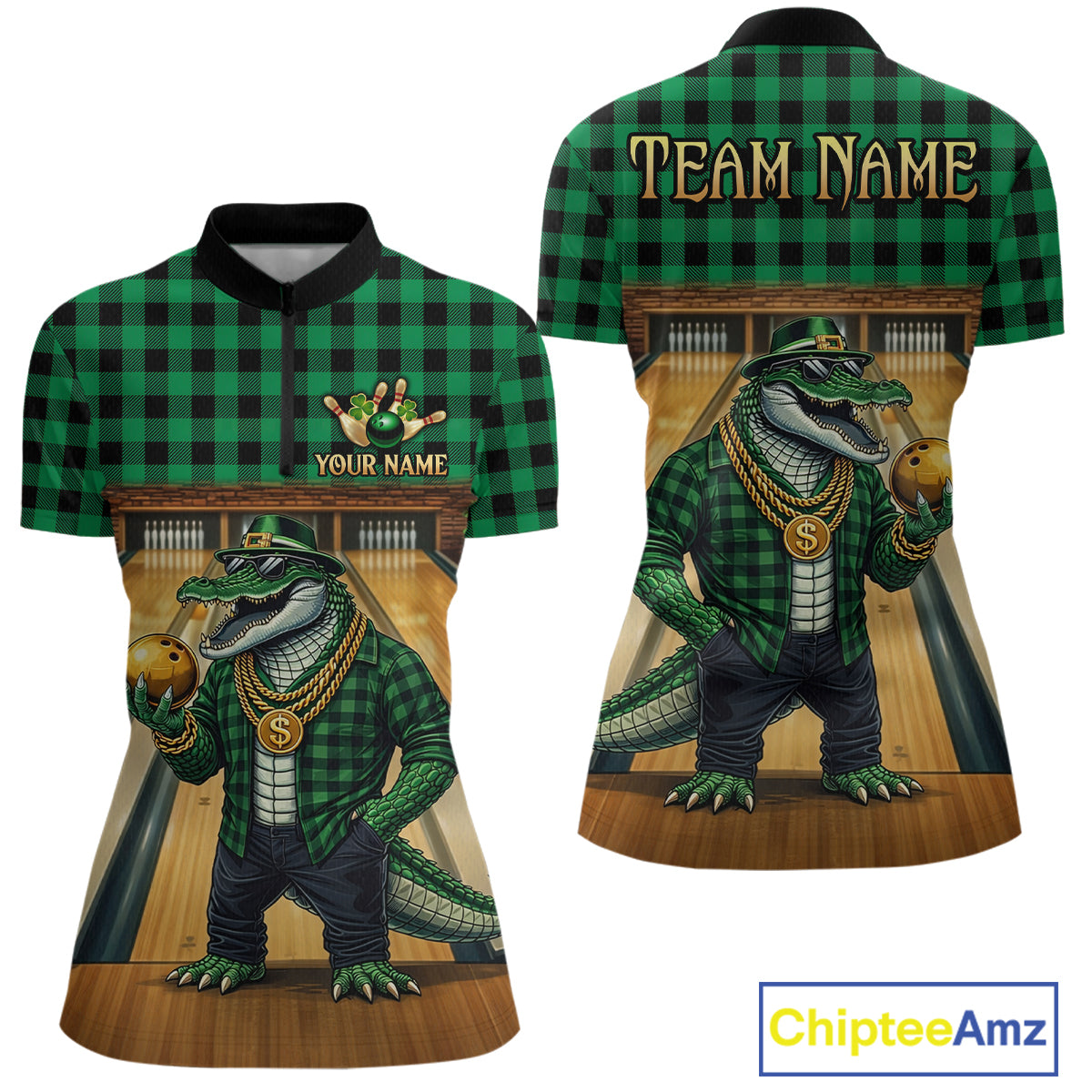 Custom Green Alligator Bowling Jersey for Women Bowling Uniform Polo & 1/4 Zip Bowling Team Shirts HNT230