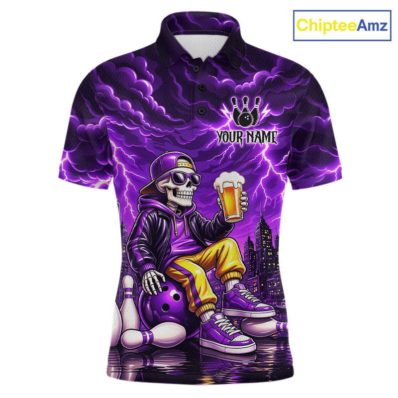 Custom Funny Beer Skull Purple Bowling Shirt for Men Bowling Team Jersey Bowling League HNT296