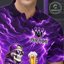 Load image into Gallery viewer, Custom Funny Beer Skull Purple Bowling Shirt for Men Bowling Team Jersey Bowling League HNT296