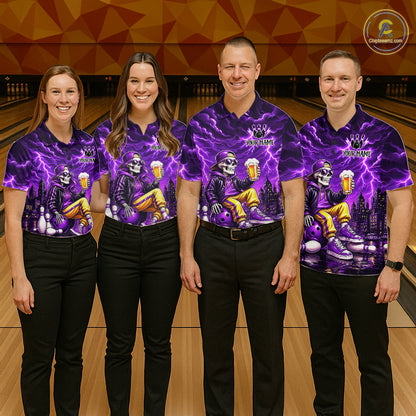Custom Funny Beer Skull Purple Bowling Shirt for Men Bowling Team Jersey Bowling League HNT296