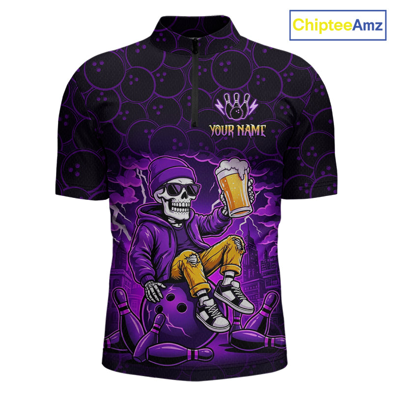 Custom Purple Funny Beer Skull Bowling Shirt for Men Bowling Team Jersey Bowling League HNT297
