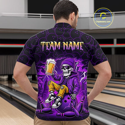 Custom Purple Funny Beer Skull Bowling Shirt for Men Bowling Team Jersey Bowling League HNT297