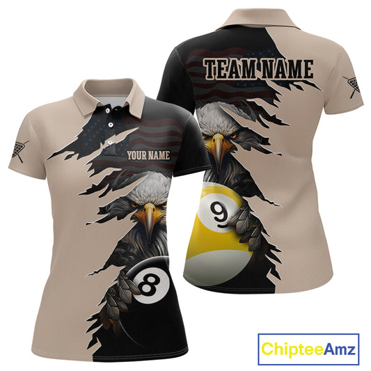 Front and back views of a beige and black billiards polo shirt featuring a fierce bald eagle emerging through a torn-rip graphic, with custom “TEAM NAME” and “YOUR NAME” text areas and 8-ball and 9-ball designs.
