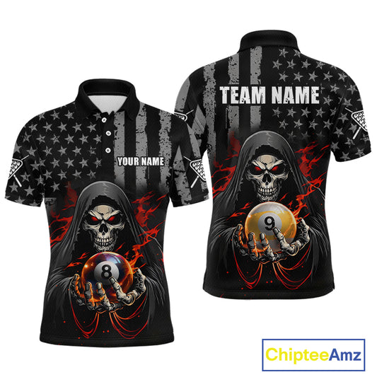 Front and back views of a black billiards polo with a distressed American flag pattern, grim reaper artwork, and large 8-ball and 9-ball graphics.