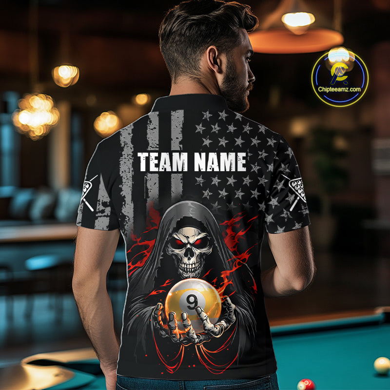 Man wearing a black shirt with a graphic design of a skull holding a pool ball, with 'Team Name' text on the back, in an indoor setting.