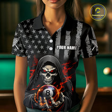 Load image into Gallery viewer, Woman wearing a black and gray striped shirt with a skull and 8-ball design, standing in front of a pool table.