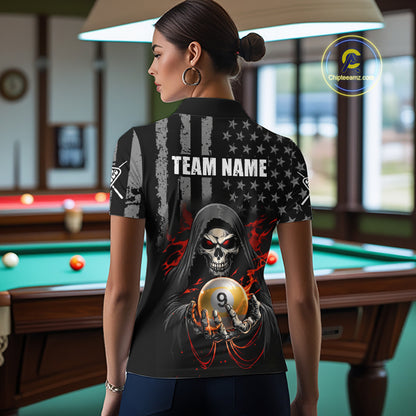 Woman wearing a billiard shirt with a american flag skull design and 'Team Name' text in a pool hall.
