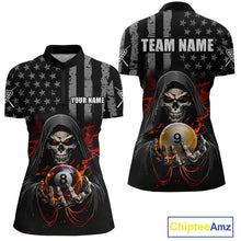 Load image into Gallery viewer, Front and back views of a black billiards quarter zip with a distressed American flag pattern, grim reaper artwork, and large 8-ball and 9-ball graphics.