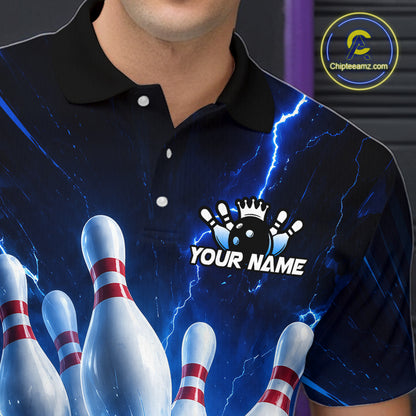 Bowling shirt with personalized name design and bowling pins on a dark blue background