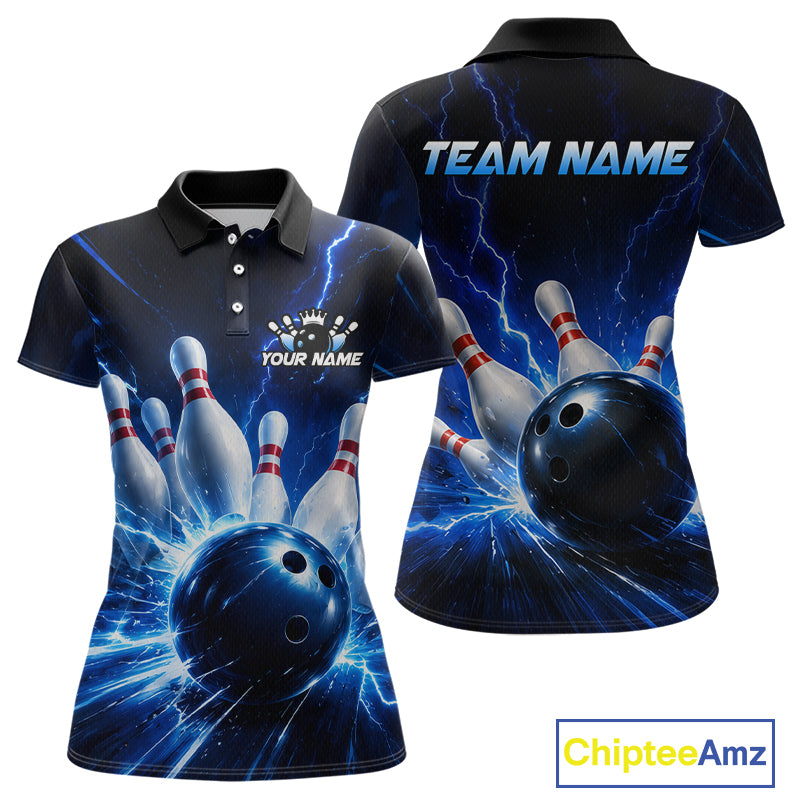 Front and back views of a black and blue bowling polo shirt featuring lightning effects, a large blue bowling ball striking pins, and custom team and player name text.