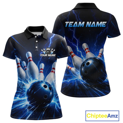 Front and back views of a black and blue bowling polo shirt featuring lightning effects, a large blue bowling ball striking pins, and custom team and player name text.