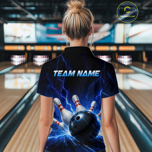 Load image into Gallery viewer, Woman wearing a black and blue bowling polo shirt featuring lightning effects, a large blue bowling ball striking pins, and custom team name text.