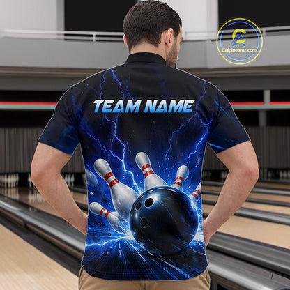 Man wearing a black and blue bowling quarter zip shirt featuring lightning effects, a large blue bowling ball striking pins, and custom team name text.