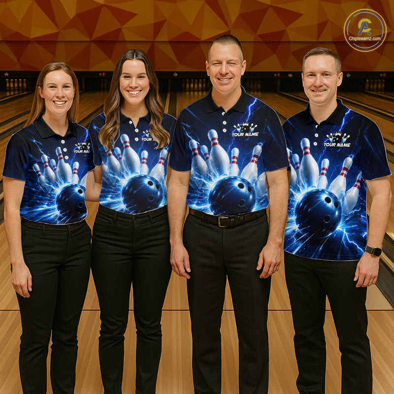 Four people wearing black and blue bowling quarter zip shirt featuring lightning effects, a large blue bowling ball striking pins, and custom player name text.
