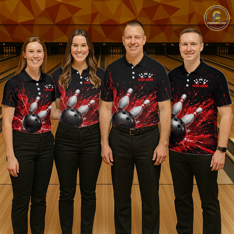 Four people wearing a black bowling quarter zip shirt with dramatic red splatter graphics, a large black bowling ball, and flying pins, plus custom player name text.