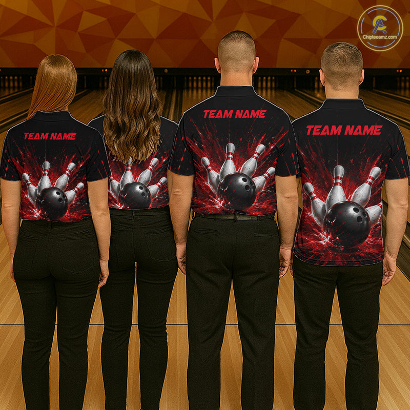 Four people wearing a black bowling polo shirt with dramatic red splatter graphics, a large black bowling ball, and flying pins, plus custom team name text.
