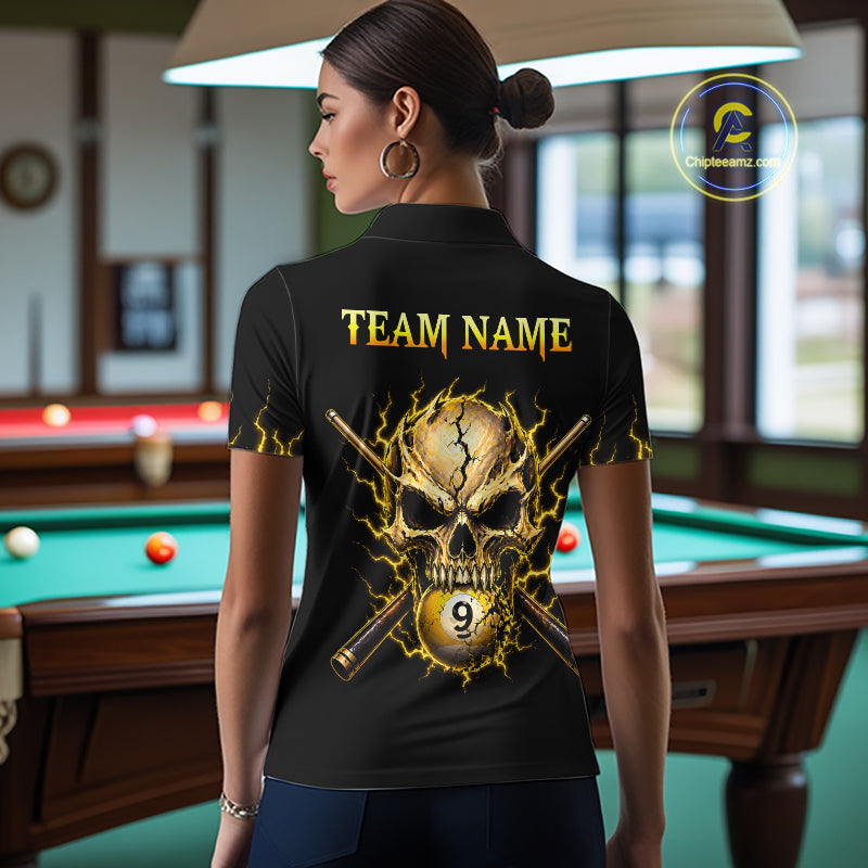 Custom Yellow Flame Skull 9 Ball Cracked Billiard Shirt for Women Billiard Team Jersey NNT195