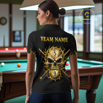 Custom Yellow Flame Skull 9 Ball Cracked Billiard Shirt for Women Billiard Team Jersey NNT195
