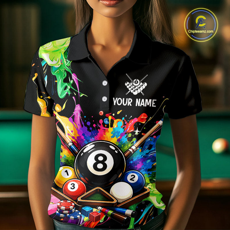 Person wearing a colorful polo shirt with billiards design and customizable text.