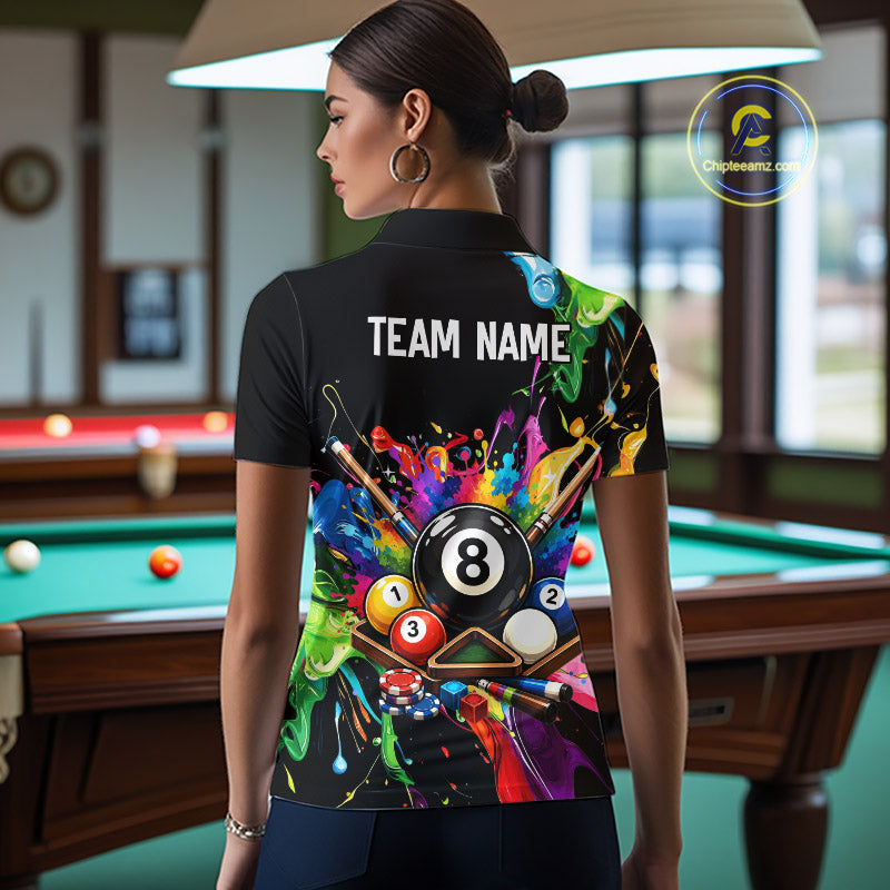 Person wearing a colorful billiards-themed shirt with 'TEAM NAME' on the back, in a pool hall setting.
