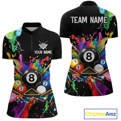 Colorful polo shirt with pool ball design on a black background, featuring 'Chiptee Amz' branding.
