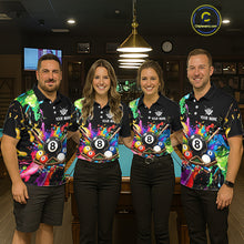 Load image into Gallery viewer, Four people wearing colorful billiard team shirts in a billiard alley.