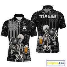 Load image into Gallery viewer, Front and back views of a black short-sleeve polo shirt featuring a distressed skeleton graphic holding a bowling ball and beer mug, with American flag and hexagon patterns. The back shows 'TEAM NAME' and 'YOUR NAME' placeholder text.